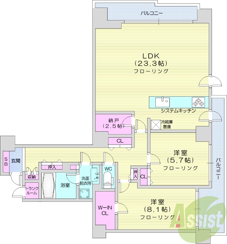 2LDK、都市ガス、エアコン、システムキッチン