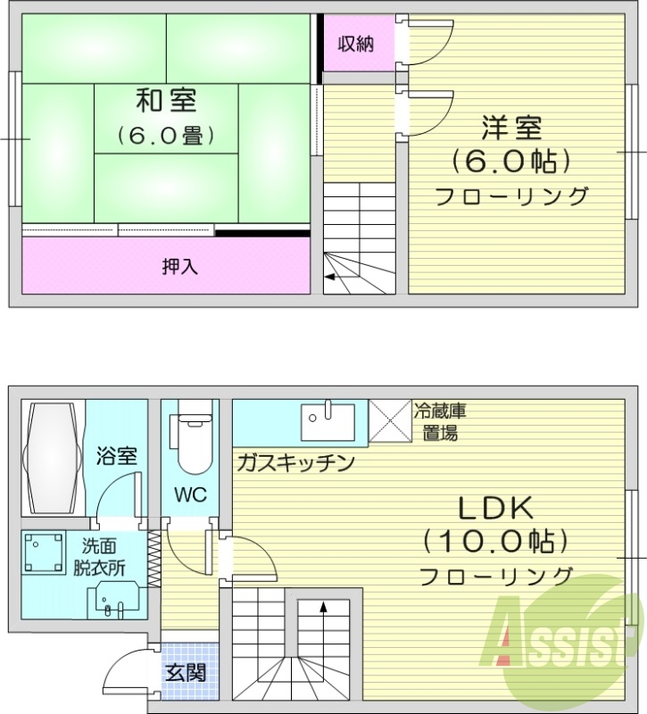2LDK、メゾネット、独立洗面台、灯油暖房