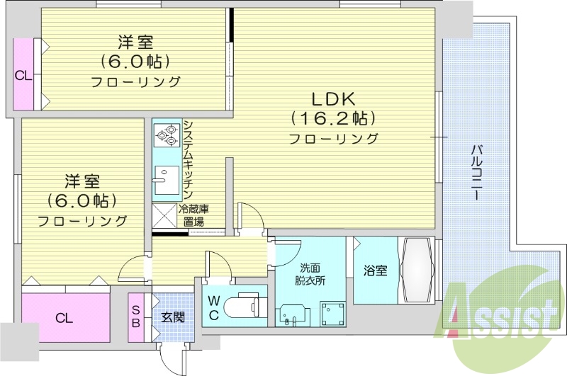 2LDK、都市ガス、システムキッチン