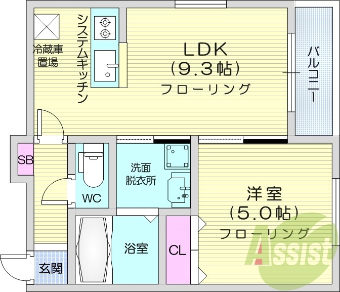 1LDK、都市ガス、エアコン、システムキッチン
