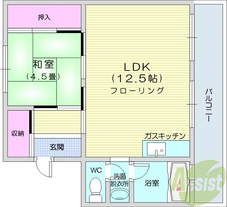 １LDK、バス・トイレ別、追い焚き、都市ガス