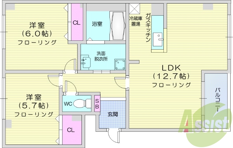 2LDK、洗面化粧台、インターネット無料、バストイレ別
