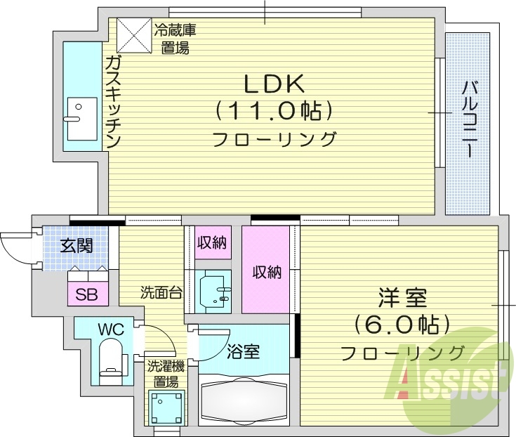 1LDK、都市ガス、収納スペース、バルコニー