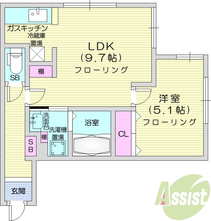1LDK、シャワートイレ、シャンプードレッサー、ガスFF暖房