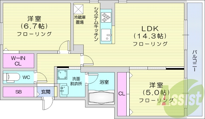 2LDK、都市ガス、エアコン、システムキッチン