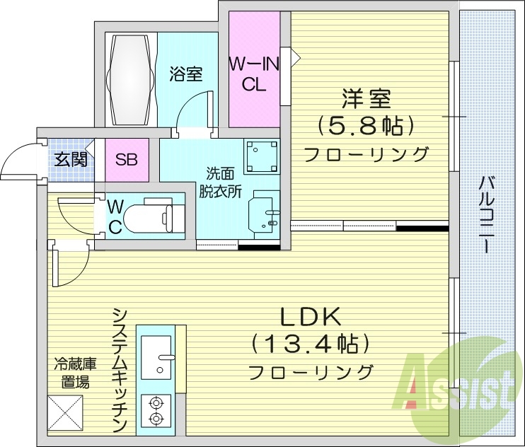 1LDK、都市ガス、エアコン、システムキッチン