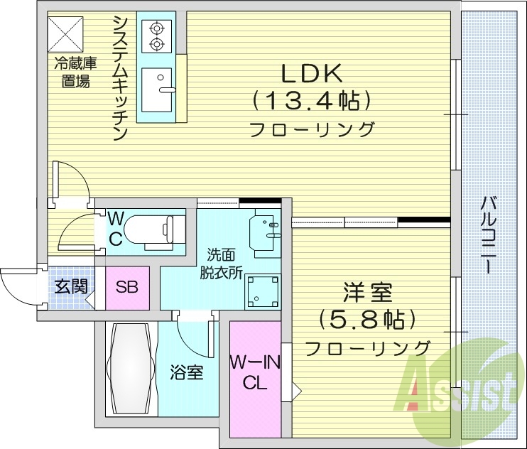 1LDK、都市ガス、エアコン、システムキッチン