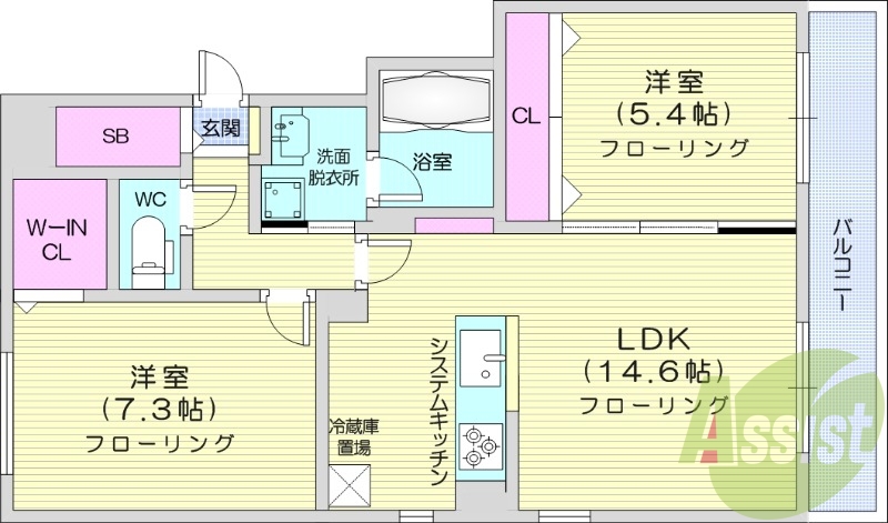2LDK、都市ガス、エアコン、システムキッチン