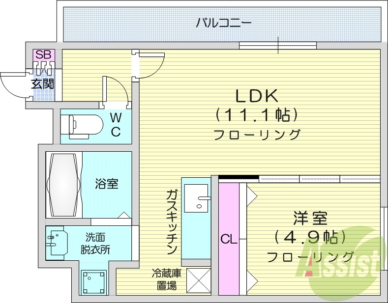 1LDK、エアコン、灯油暖房、バス・トイレ別
