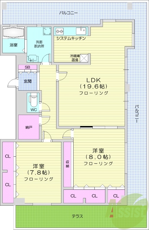 2LDK、エアコン、システムキッチン、独立洗面台