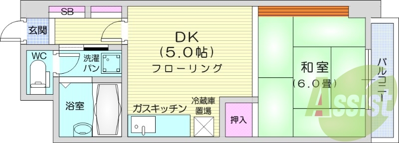 1DK、オートロック、ガス給湯、灯油暖房、バストイレ別