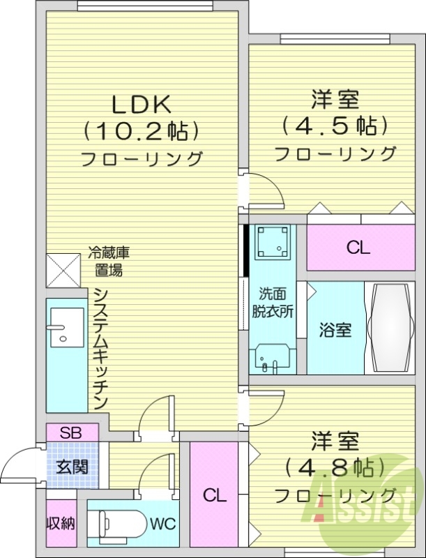 2LDK、都市ガス、光ファイバー、オートロック