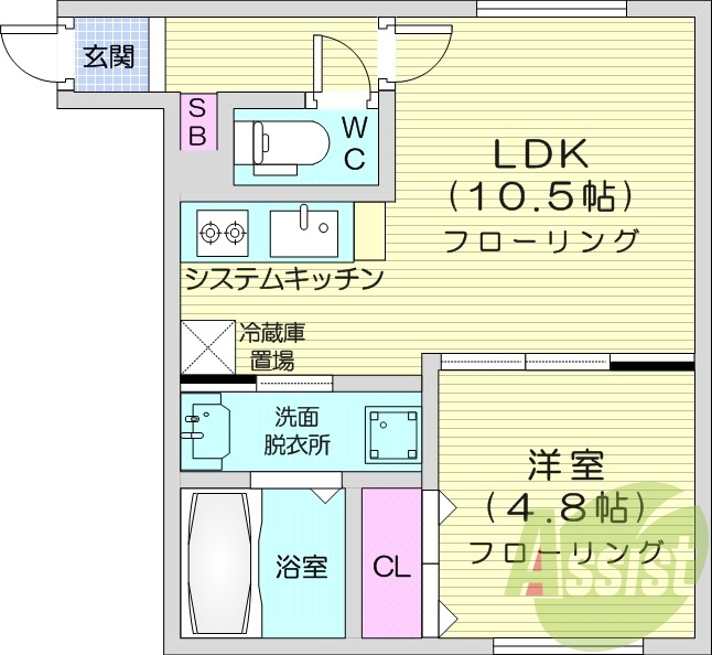 1LDK、システムキッチン、エアコン、洗髪洗面化粧台