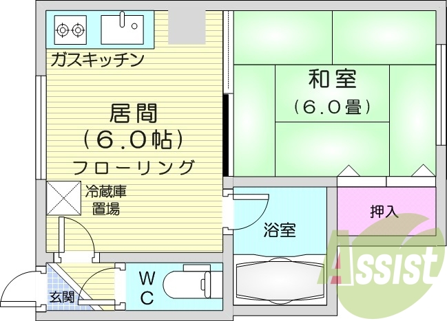 1DK、最上階、バストイレ別、都市ガス、ガス給湯