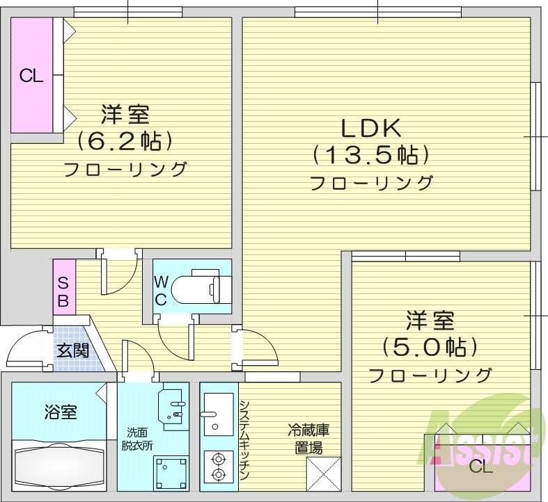 2LDK、洗髪洗面化粧台、モニターホン、収納