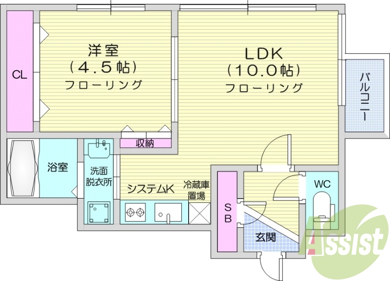 1LDK、システムキッチン、ウォークインクローゼット