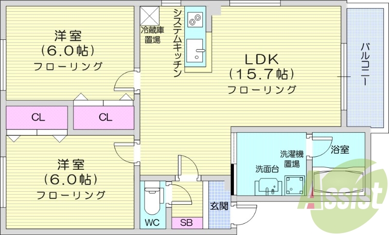 2LDK、バルコニー、クローゼット、IHシステムキッチン