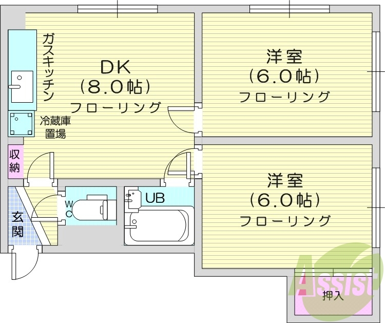 2LDK、角部屋、最上階、バストイレ別、室内洗濯機置場