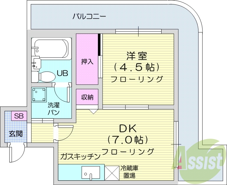 2DK、オートロック、バストイレ別、最上階、ガス給湯
