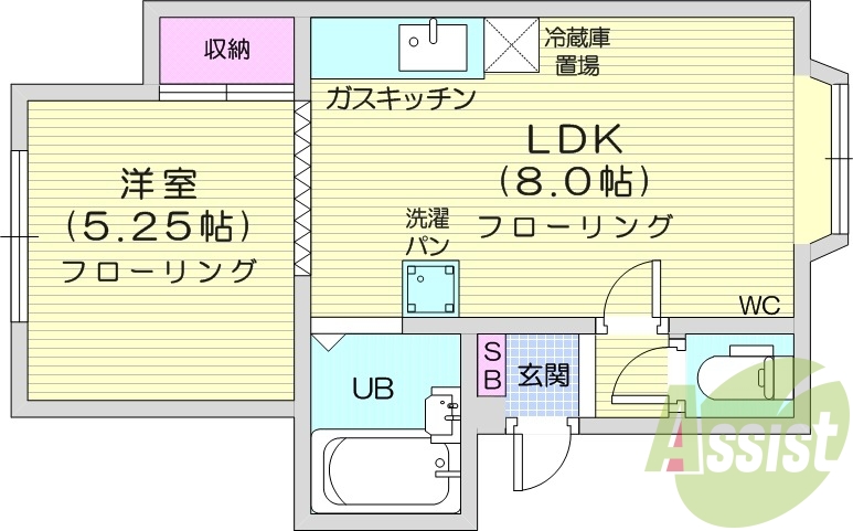 1LDK、灯油暖房、バストイレ別、ガス給湯