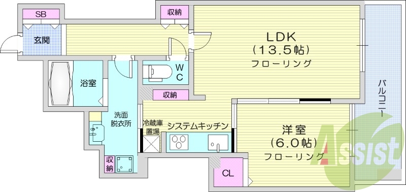 1LDK、床暖房、システムキッチン、エアコン