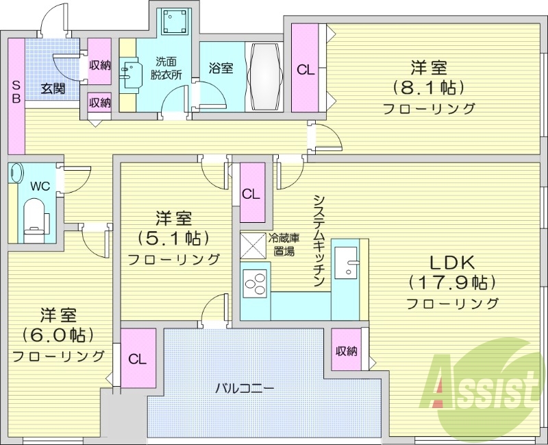3LDK、システムキッチン、エアコン、追い焚き