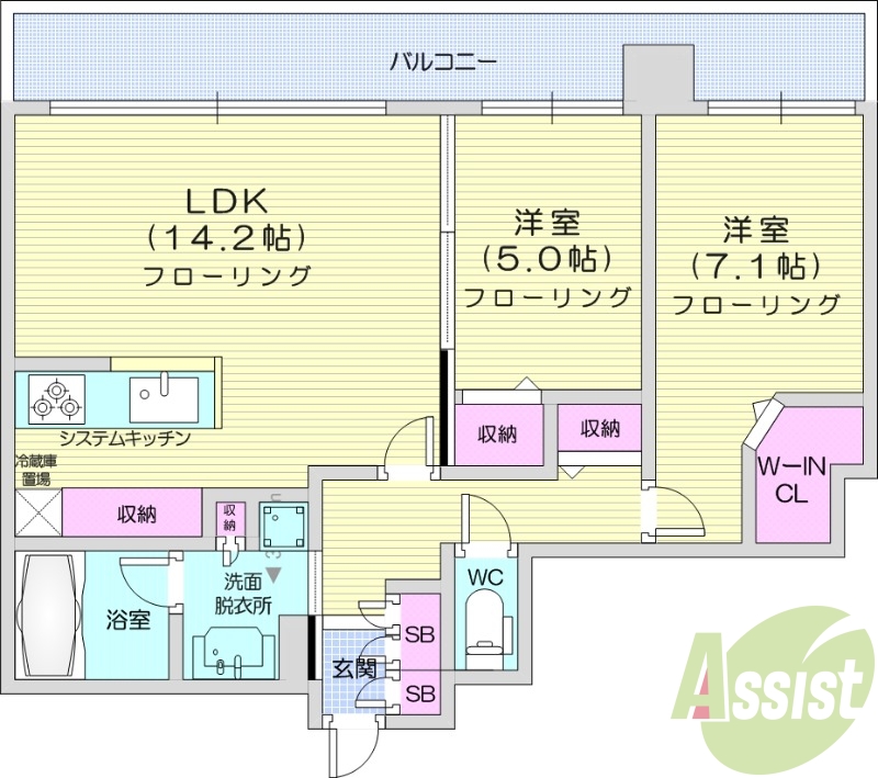 2LDK、都市ガス、追い焚き、浴室乾燥機、システムキッチン