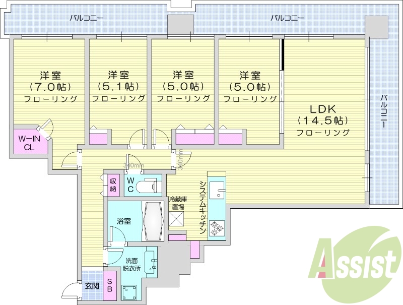 4LDK、都市ガス、オートロック、システムキッチン