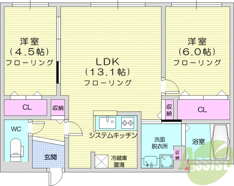 2LDK、都市ガス、追い焚き、エアコン、システムキッチン