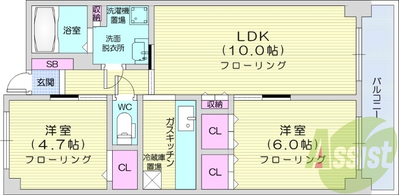 2LDK、エアコン、独立洗面台、ガス暖房、トランクルーム