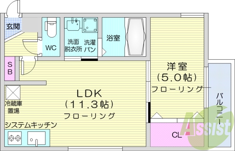 1LDK、都市ガス、バストイレ別、ウォシュレット