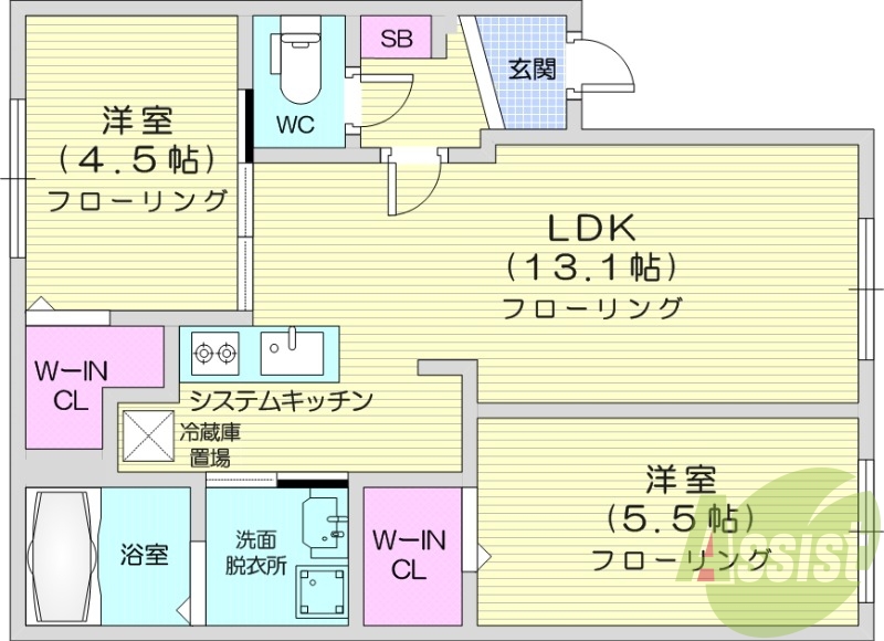 2LDK、角部屋、都市ガス、ペット可、追い焚き