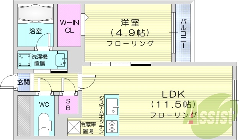 1LDK、都市ガス、エアコン、追い焚き、システムキッチン