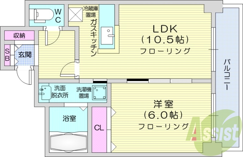 1LDK、バストイレ別、ロードヒーティング、ネット無料