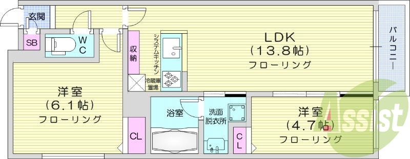 2LDK、都市ガス、エアコン、追い焚き、システムキッチン