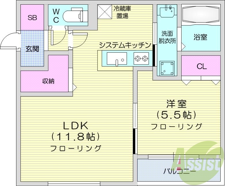 1LDK、都市ガス、エアコン、システムキッチン