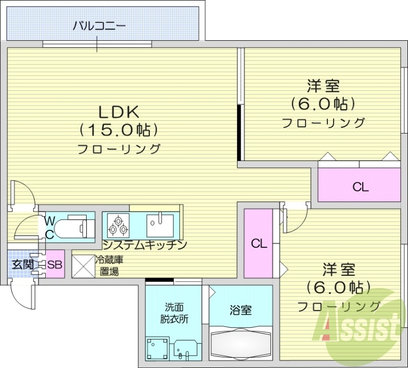 2LDK、宅配ボックス、都市ガス、バストイレ別
