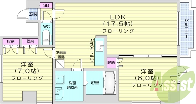 2LDK、都市ガス、バストイレ別