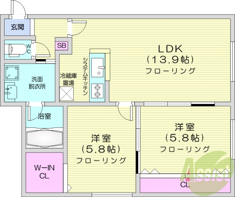 2LDK、都市ガス、システムキッチン、オートロック、