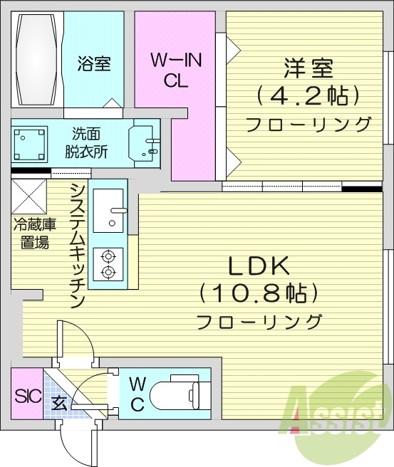 1LDK、エアコン、床暖房、システムキッチン、ネット無料