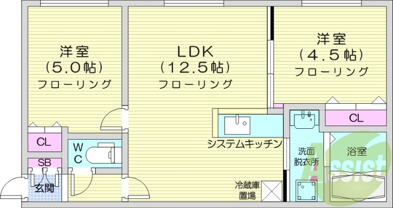 2LDK、エアコン、浴室乾燥機、シャワートイレ
