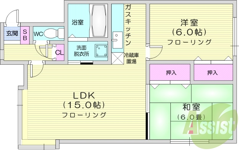 2LDK、独立洗面台、トイレ風呂別、灯油暖房、角部屋