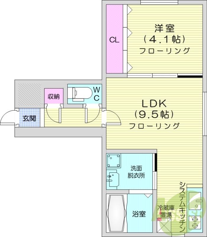 1LDK、都市ガス、ガス暖房、ネット無料