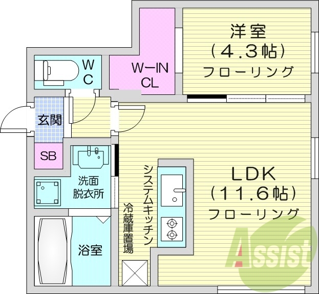 1LDK、エアコン、システムキッチン、シャワートイレ