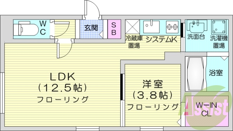 1LDK、エアコン、独立洗面台、システムキッチン、
