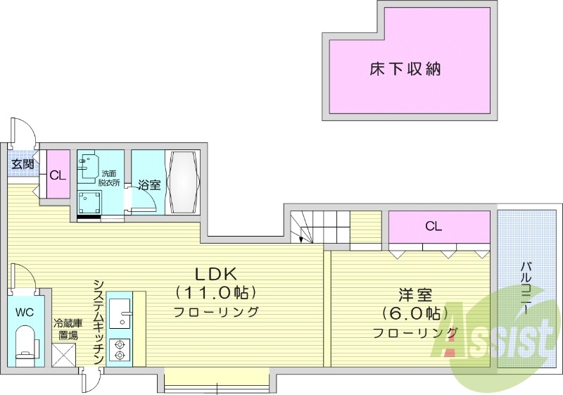 1LDK、床下収納、ペット相談可、エアコン