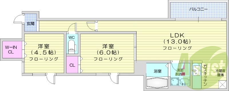 2LDK、角部屋、トランクルーム、独立洗面台、ベランダ