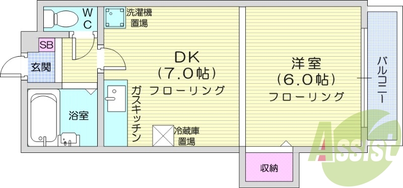 1DK、都市ガス、バルコニー、ネット無料、クローゼット
