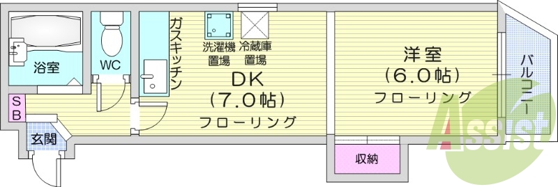 1DK、都市ガス、バルコニー、ネット使用料不要