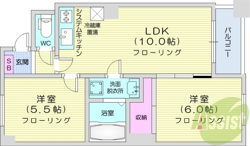 2LDK、独立洗面台、灯油暖房、システムキッチン、